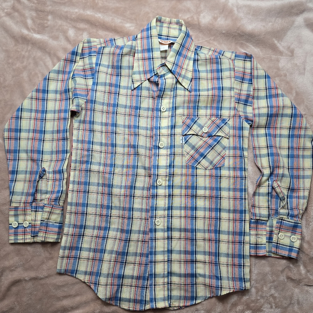 Levi's Vintage 70s  Western Shirt  Red Blue Plaid Long Sleeve Orange Tab Boys 12